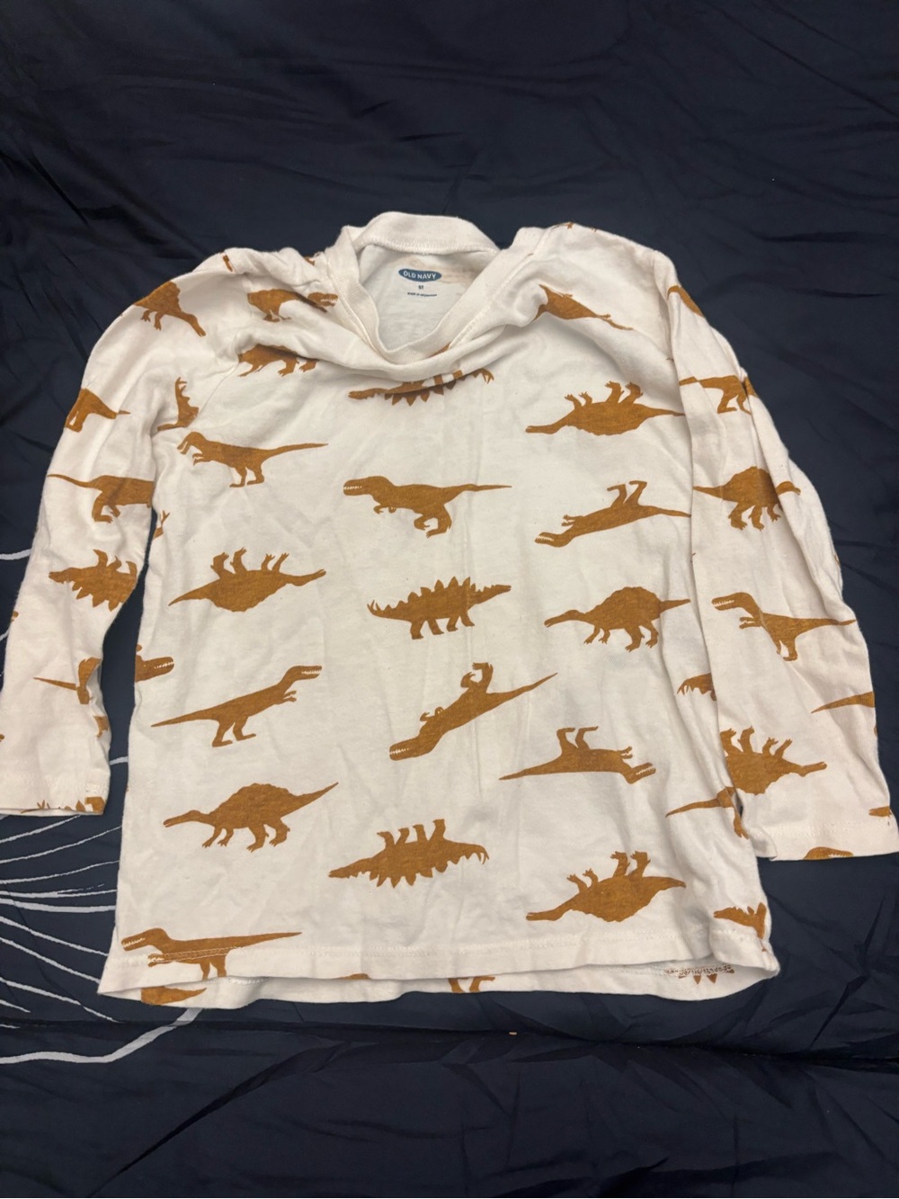 Old Navy Cream Long-Sleeve Hoodie Tee with Brown Dinosaur Print